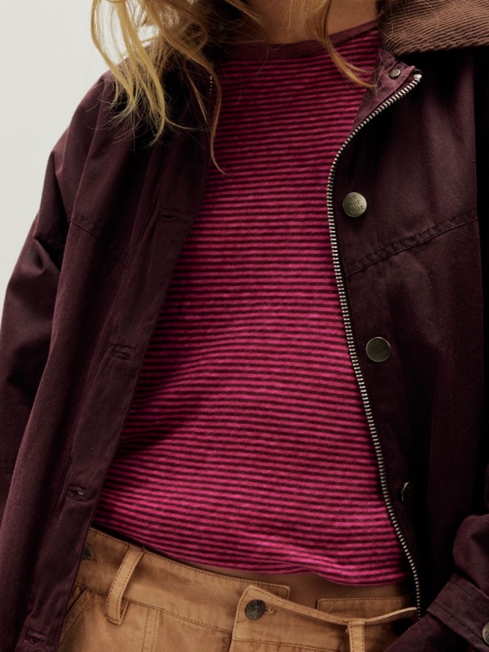 Free People Long Sleeve Striped Tee in Burgundy and Brown